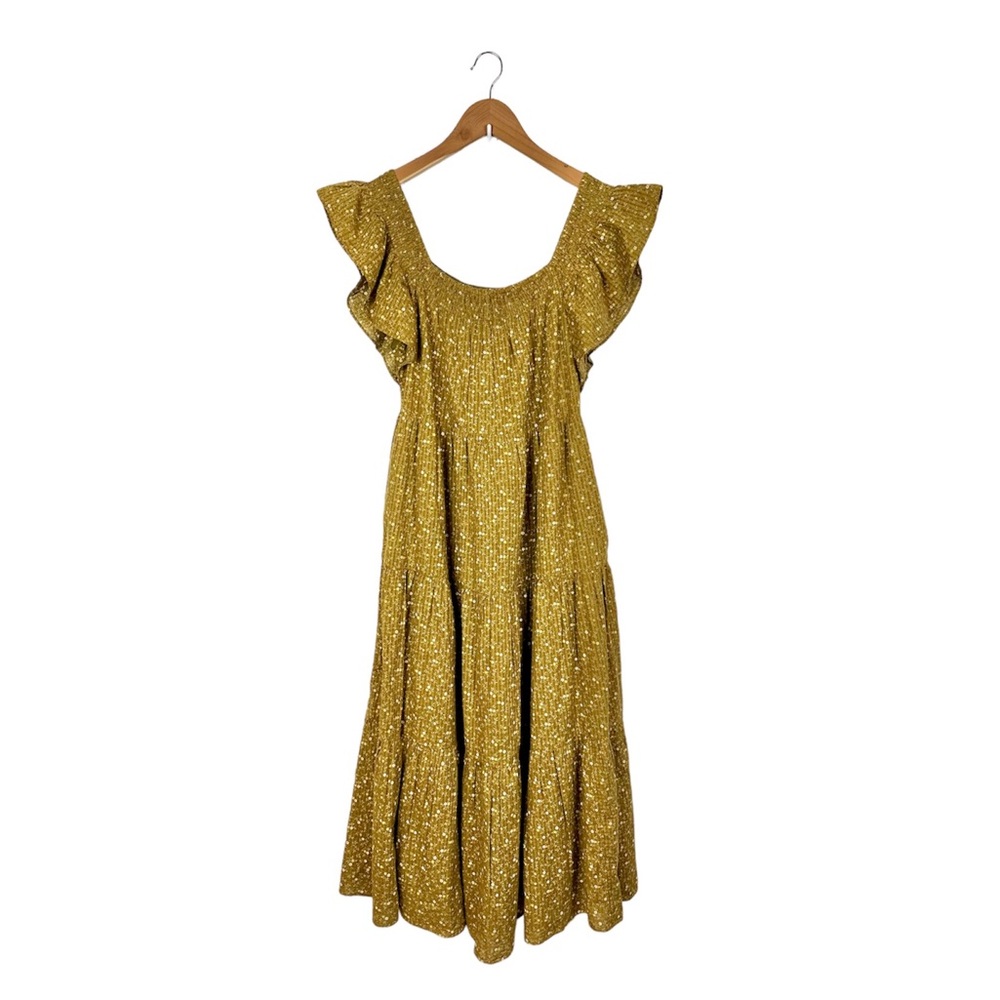 Madewell Ruffle-Sleeve Tiered Midi Dress Medium Daisy Stitch Olive White NE758